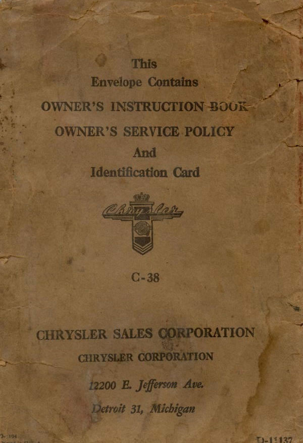 1946 Chrysler Owners Manual Envelope